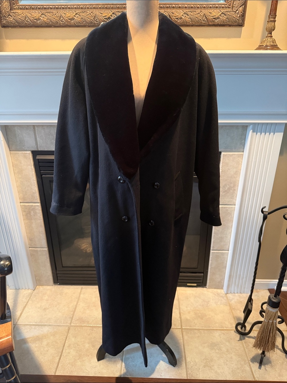 Women's Oversized Long Black Winter Dress Coat with Faux Fur Shawl Collar 10/12